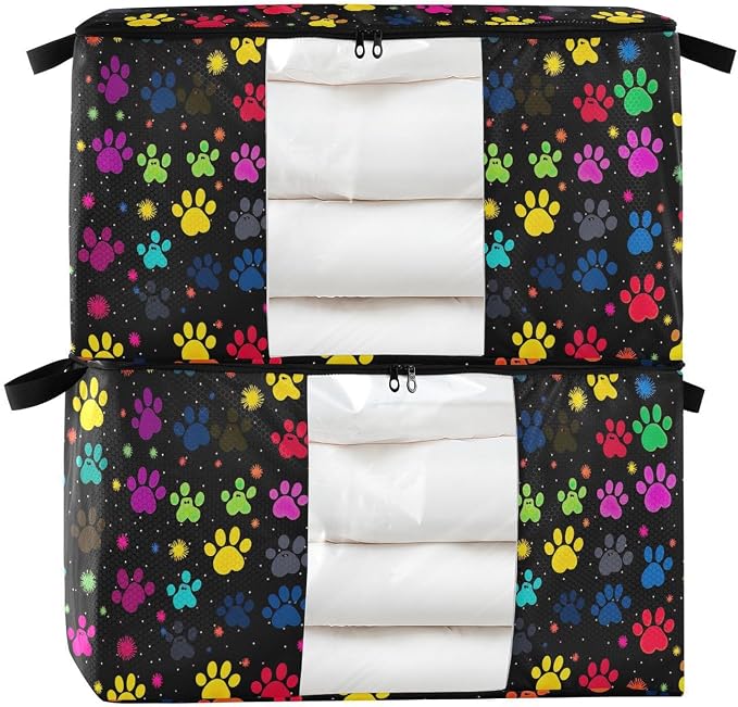 Generic Colorful Paw Prints Clothes Storage Bag Bins 2 Pack Foldable Storage Containers Large Closet Organizer with Zipper Storage Cubes for Pillows Comforters Clothing 95L, g355896602p976c1037s2358