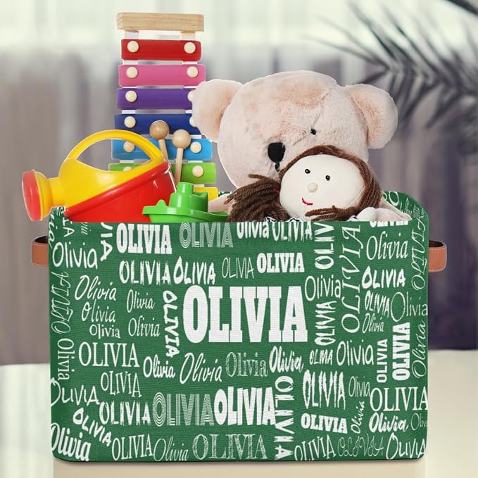 Custom Name Storage Basket for Bedroom, Bathroom, Deep Green Color | Organizing Boys Girls Pets Toys Closet Shelf Clothes Books
