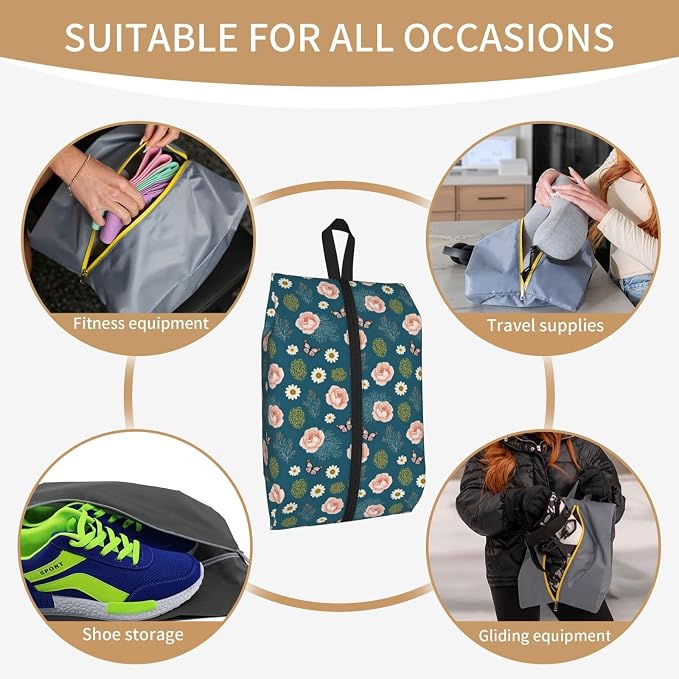 Vintage Romantic Rose & Daisy Travel Shoe Bag for Men & Women, Waterproof Shoe Storage Organizer with Zipper, Portable Shoe Pouch for Sneakers, Heels, Sandals, Gym & Travel Luggage 2PCS