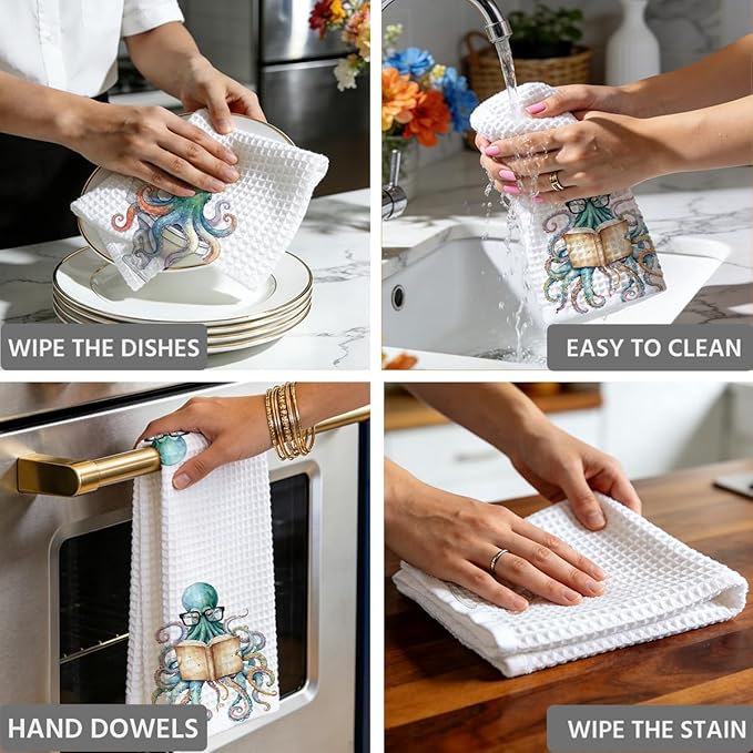 2PCS Vintage Octopus Bathroom Towels 24x14 Inch, Octopus on The Toilet Reusable Durable Microfiber Dish Cloth Hand Towel, Waffle Weave Tea Towels for Bathroom Home Decor, Ocean Gifts for Women Friend