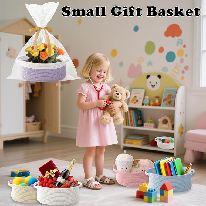 Woven Rope Basket-Baby Gift Basket with Bag & Ribbon, White&Purple | Cotton rope with handle, 12 x 8 x 5 in, gift bag and ribbon, for baby shower, birthday, toy storage, nursery, shelf decor