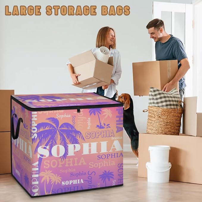 Custom Comforters Storage Basket with Lid, Personalized Name Large Organizer Bin for Pet/Children Toys, Books, Clothes, Perfect for Rooms/Playroom, Purple Palm Trees Gradient Pink Background