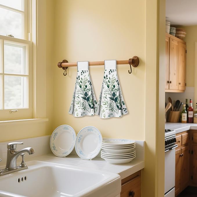 CUTHOLLOW Watercolor Green Leaves Hanging Kitchen Towels with Loop, Set of 2 - Soft & Super Absorbent Microfiber Decorative Hanging Dish & Hand Towel, Tea Coffee Towel for Kitchen Bathroom Oven Handle