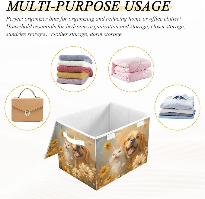 Storage Bins with Lid Golden Retriever Foldable Storage Boxes 40L Baskets | Decorative Storage Boxes, Dust-Proof Flip Top, Reinforced Handles, For Home & Bedroom, Clothes & Toy Box, Oxford Fabric Print