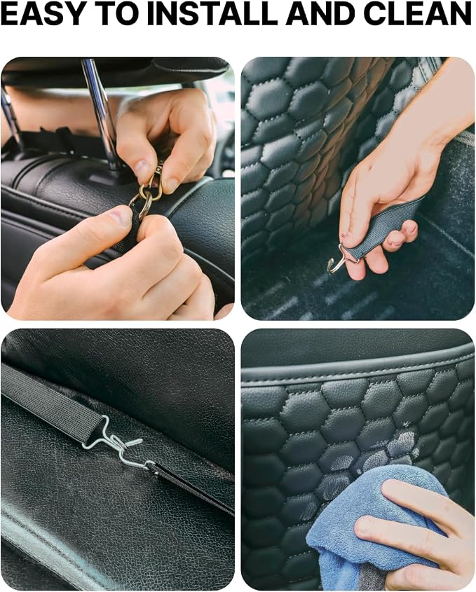 Owleys Back Seat Organizer for Kids with Seat Protector, Black Set | Hanging faux leather organizer, 8 pockets and a clear tablet pocket, with a kick mat that shields the seat back.