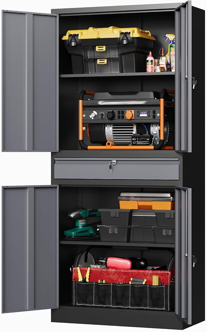 Metal Garage Storage Cabinet with Drawer,4 Door Tool Cabinet with Lock-2 Adjustable Shelves for Garage Home Office Utility Room (Black & Gray)