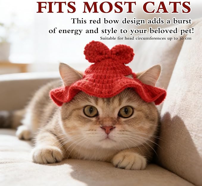 Bow Cat Hat, Cotton & Soft Cute Knitted Hats for Cats Birthday Party Spring Puppy Hat for Small Pets (Red, M)