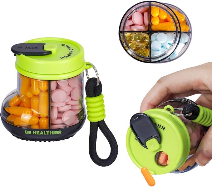 KIGI Travel Pill Organizer, Small Pill Dispenser with 4 Compartments, Portable Vitamins Organizer with Handle