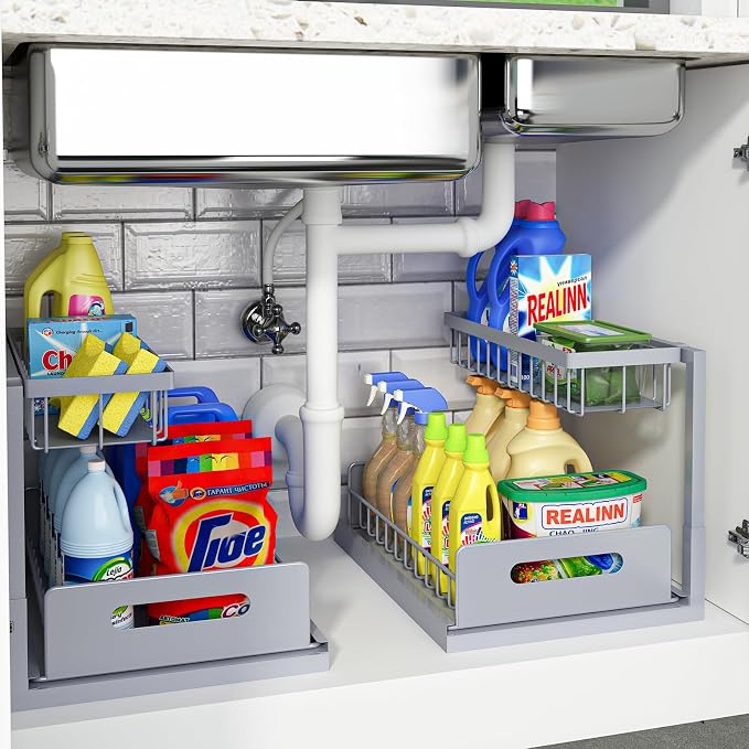 Under Sink Organizer, L-Shaped 2 Tier Pull Out Cabinet Organizer | For Kitchen and Bathroom, Slide Out Under Cabinet Storage, Metal Under Sink Storage with Sliding Drawer, 50 lbs, Grey 2 Pack