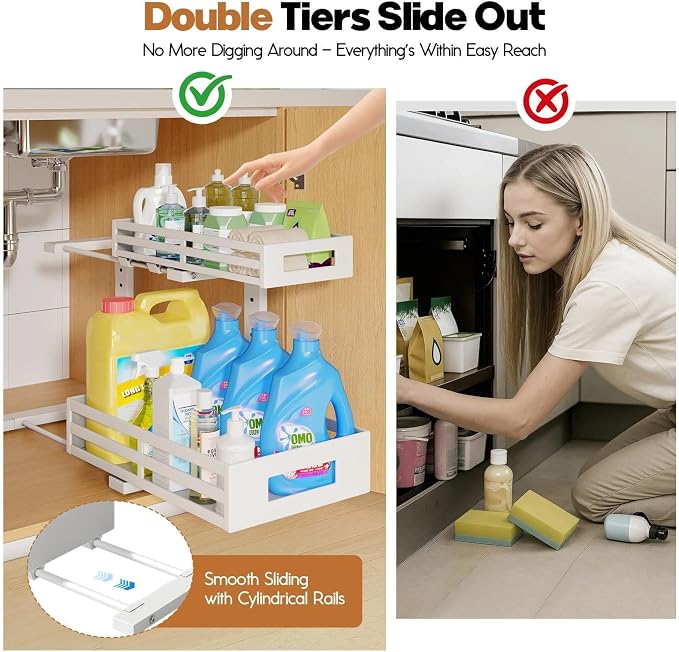 L-Shaped Metal Under Sink Organizer, 2-Tier Double Pull-Out Cabinet Organizer for Kitchen & Bathroom Storage, Height Adjustable, Smooth Cylinder Rail, White, 2 Packs
