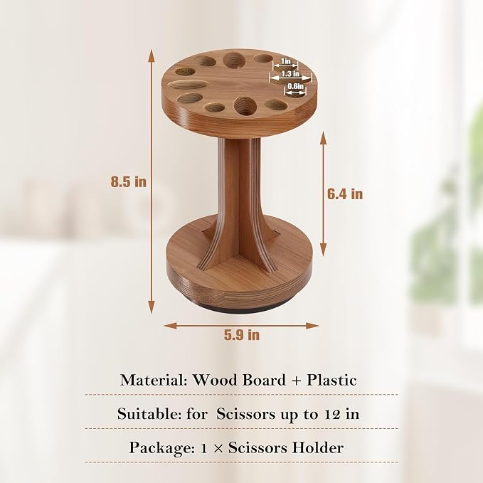 Rotating Scissor/Shear Holder, 12 Mixed-Size Slots for Sewing | No Assembly Required, Custom Fit for All Shears, 360° Swivel Base, Wooden Craft for Sewing, Kitchen & Pets