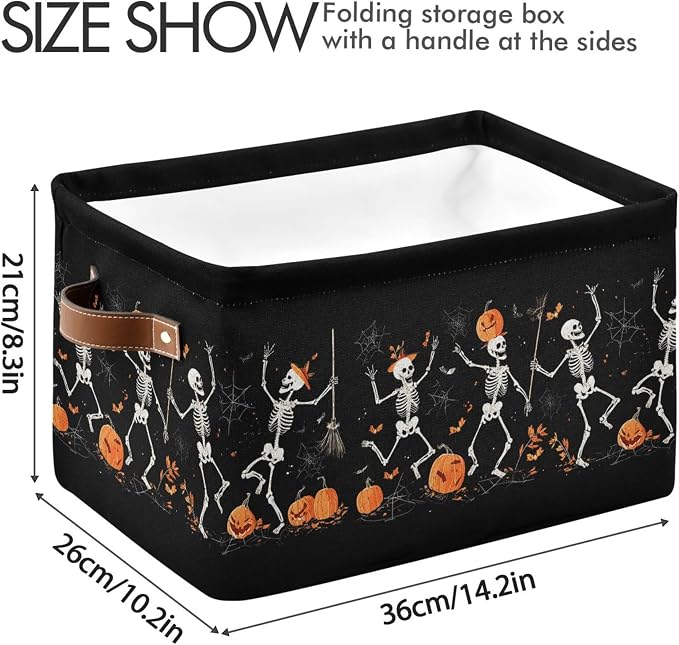 Halloween Skeleton Black Storage Basket with Waterproof Liner and PU Handles Spooky Skull Pumpkin Storage Bins Boxes 14.2" Collapsible Decorative Organizer Baskets for Bedroom Closet Office 1 Pack