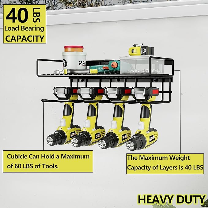 AZERPIAN Power Tool Organizer Heavy Duty Wall Mount Drill Tools Holder | Garage Wall Mount Tool Rack, Workshop Metal Cordless Tool Shelf, 1 Layers Utility Storage Racks for 4 Drill Holders