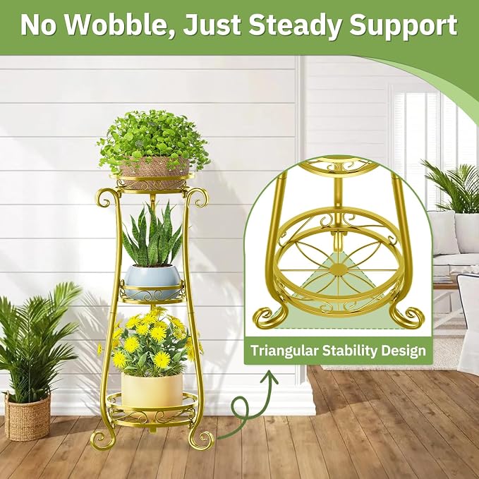 KMOTASUO 3 Tier Metal Plant Stand Tall for Indoor Outdoor Corner, Gold | Heavy Duty Flower Holder Rack, Modern Vertical Iron Shelf for Patio Bathroom Office Garden
