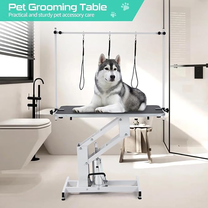 GarveeLife 43.3" Hydraulic Dog Grooming Table for Pet, Heavy Duty Structural Hydraulic Max Load 350Lbs Professional Pet Grooming Table with Adjustable Overhead Arm & Noose Height Range 22"-39" (White)