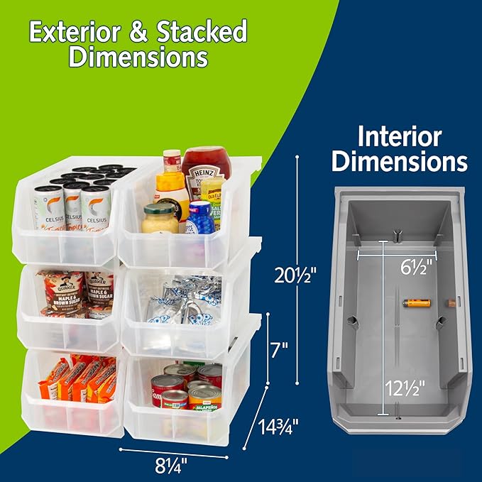 Akro-Mils ReadySpace Large Stackable Plastic Storage Bins, 6-Pack, Clear | Open-Front Stackable Bins For Garage, Pantry, Closet & Office, 14,8"L X 8"W X 7"H, Nests When Empty, Durable Plastic,