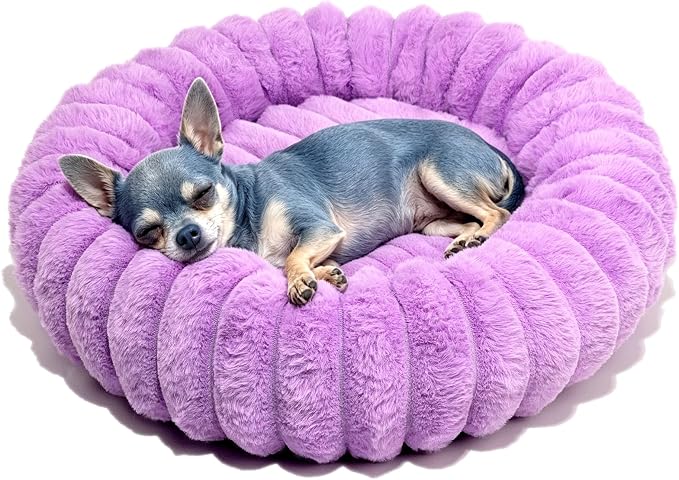 Tiny Donut Pet Bed, 16 Inch Round Calming Bed for Puppies & Kittens, Soft Cozy for Indoor Cats & Extra Small Dogs, Anti-Slip Bottom, Washable, Purple