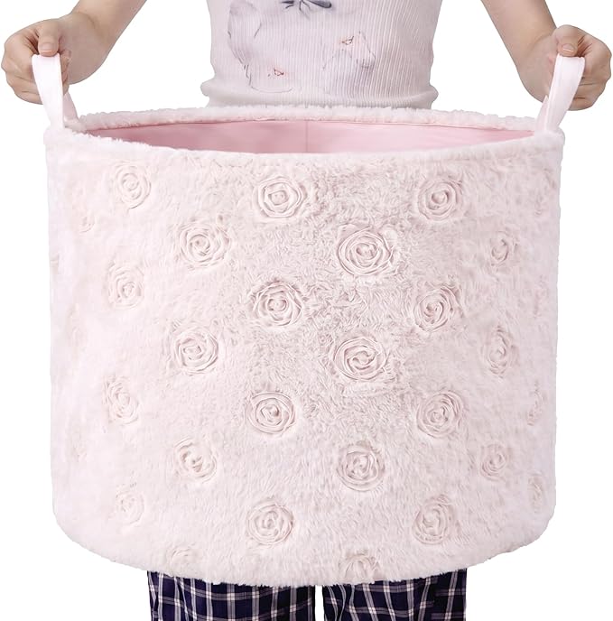 LemonRoad Extra Large Basket 20"x14", Woven Basket for Laundry Blanket Toy Box with Handle Storage, Blanket Storage for Living Room Nursery Pillows Chest(Pv Plush,Roses,Pink)