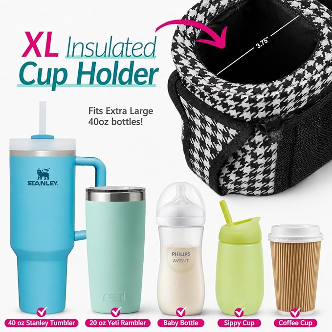 Stroller Organizer Non Slip Straps Stroller Caddy With Cup Holder, Stroller Bag for Phone, Pet Stroller Accessories, Universal Fits Uppababby Vista v2 Wonderfold Wagon, Doona and More (Houndstooth)