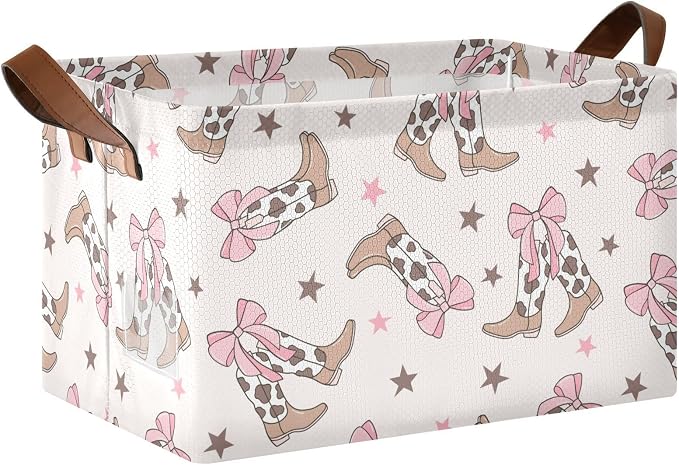 Western Cowgirl Boot with Coquette Bow Storage Basket Foldable Cube Storage Bins with Handles&Label Collapsible Organizer Box Bin Rectangle Decorative Baskets for Shelves Home Living Room Closet