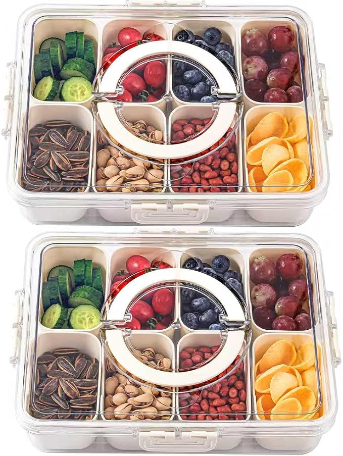 2Pcs Snackle Box Snack Containers with Lid Divided Serving Tray with Handle | Portable Snack Platter Fruit Veggie Trays Snackele Box Containers for Charcuterie, Party, Snack, Nuts, Beach, Travel, Picnic