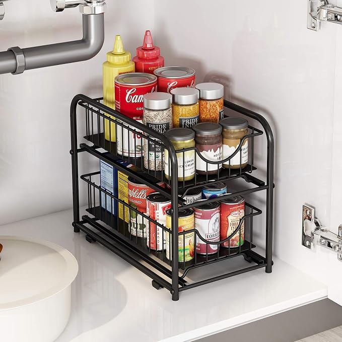 2-Tier Pull Out Organizer Under Sink Sliding Cabinet Rack,Black | Stackable Sliding Storage Drawer organizer with adjustable height and anti slip pad. Kitchen,Office or Cabinet Storage