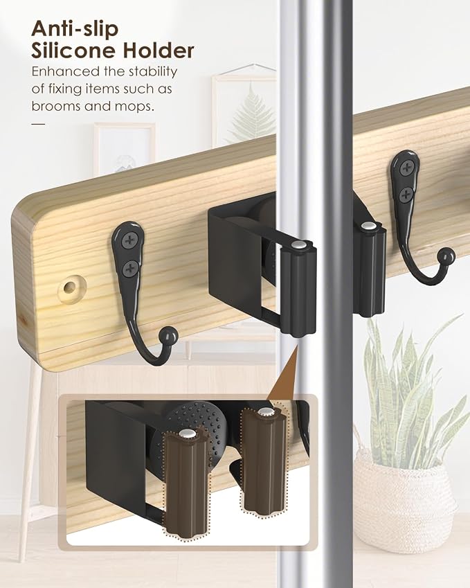 AceMining Light Wood Broom Holder Wall Mount, 4 Holders 4 Hooks Mop Holder | Mop Holder Wall Mount and Broom Hanger for Garage, Laundry Room, Kitchen and Utility Storage