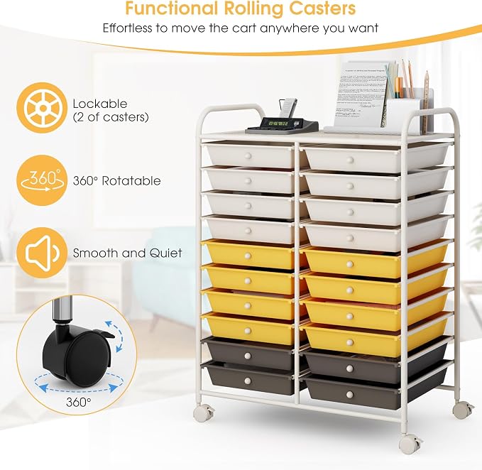 20 Drawer Rolling Storage Cart, Art Cart Organizer with Wheels for Makeup, Tool, Paper, Multipurpose Craft Storage Cart with Drawers for Office, Home, Classroom, Teacher, School (Yellow)