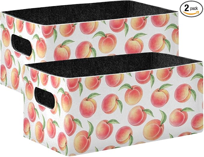 Emelivor Pink Peaches White Storage Basket Bins Set (2pcs) Felt Foldable Storage Bins with Handles Closet Storage Bin for Organizer, Closet, Shelves, Office