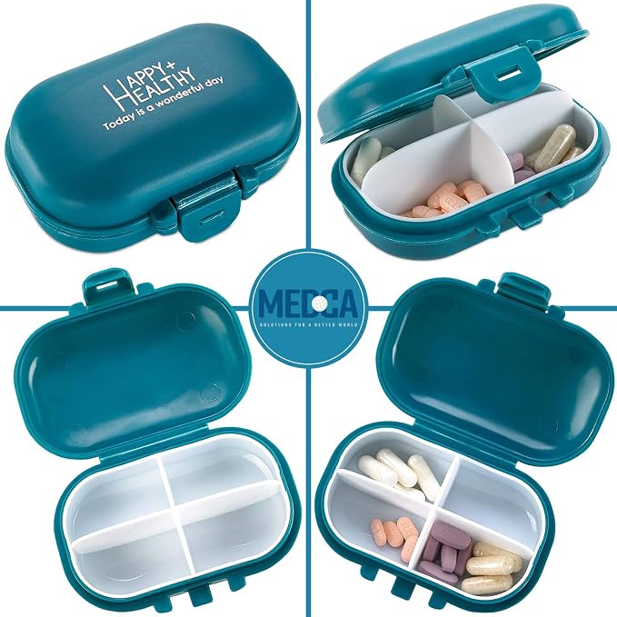Pill Organizer Box - 4 Compartment Travel Medication Carry Case - A Daily Pill Box Vitamin Organizer Box for Your Pocket or Purse