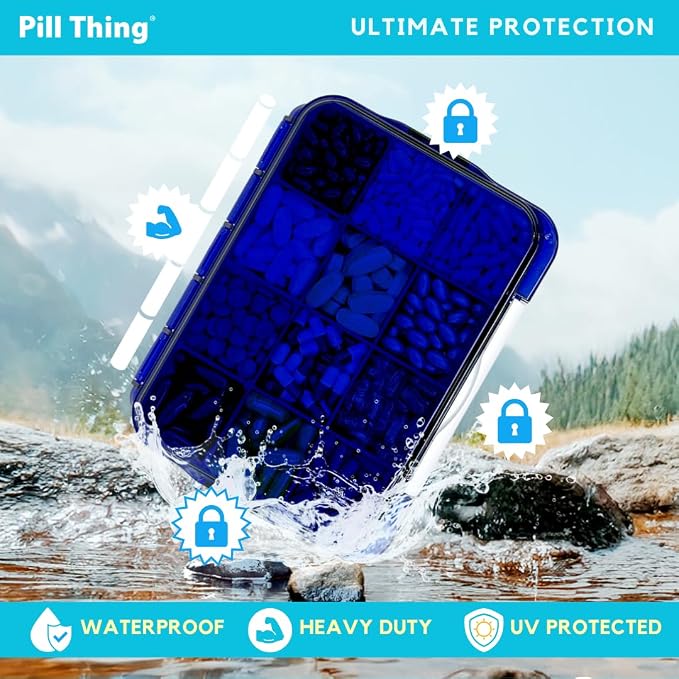 12 Compartment Large Pill Case with Airtight Seal - Silicone Gasket Waterproof Med Box with Medication Map and Medical Alert Card (Blue, 1 Pack)