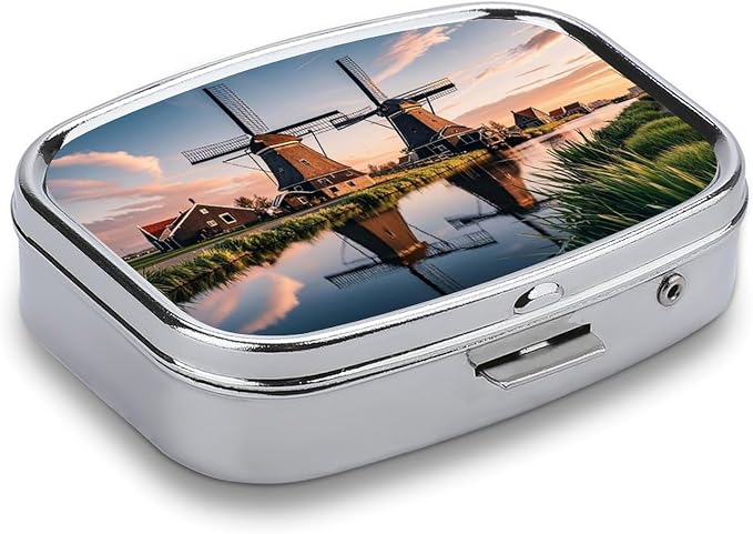 Dutch Windmill Pill Box 2 Compartment Medicine Pill Case Portable Pill Organizer for Pocket Or Purse Decorative Metal Medicine Vitamin Organizer