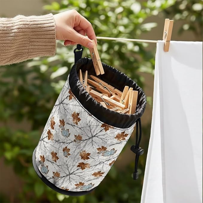 Large Capacity Clothespin Bag with Hanging Hook Bare Branch Maple Leaf Waterproof Clothes Pin Hanging Bag Clothespin Storage Organizer with Large Opening