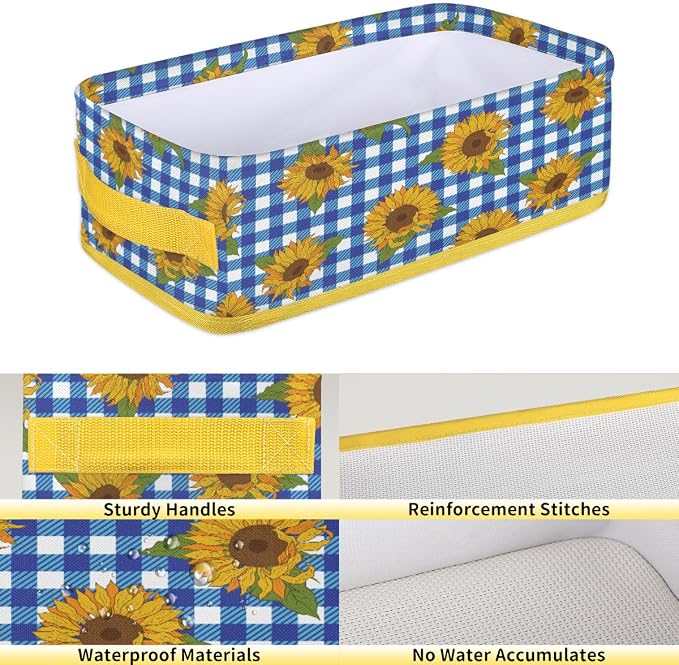 Sunflower Blue White Plaid Bathroom Storage Basket, Foldable with Handle Open Countertop Paper Towel Decorative Box, Toilet Tank Top Shelf Baskets for Home Closet Bedroom Living Room Office
