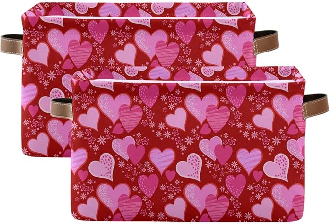 Pink Red Love Heart Storage Basket Fabric Laundry Baskets Happy Valentine's Day Storage Boxes Organizer Bag for Baby Cloth Dog Toy Book Storage Cubes Shelf Closet Bins 16×12×8 Inches