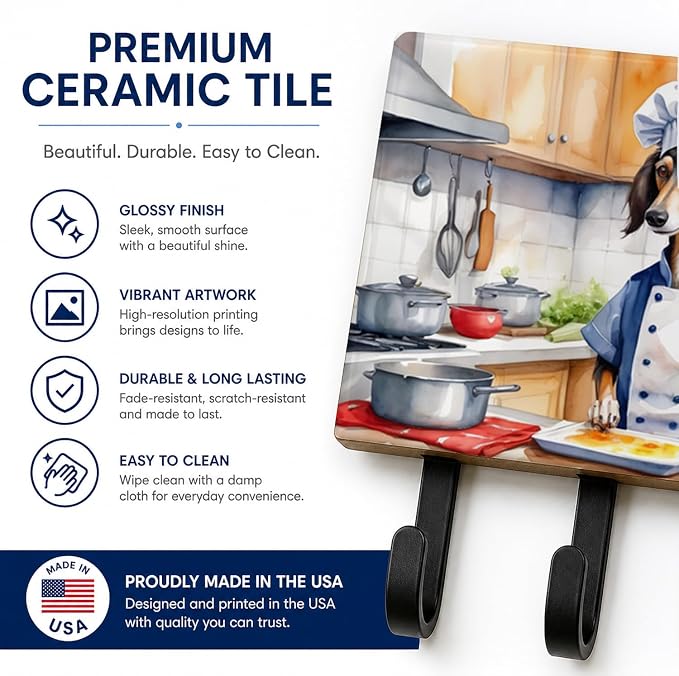 Caroline's Treasures Saluki The Chef Leash or Key Holder Wall Hooks, Key Hooks Holder, Coat Rack Wall Mount, Coat Hooks, Hooks for Hanging Keys, Towels, Aprons, Leashes | Saluki The Chef artwork on ceramic tile with three steel hooks for keys, leashes,...