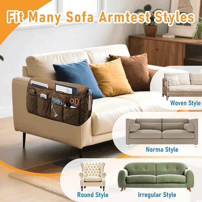 Armchair Caddy, Remote Control Holder for Recliners, Sofa Armrest Organizer, Non Slip Recliner Organizer, Couch Caddy with 14 Pockets Storage for TV Remote, Phone, Magazine (Brown)