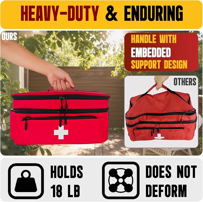 First Aid Bag Empty 2-Layer Large 16" x 9½"x7 Red | Reinforced Medical Bag Pill Bottle Box Portable Emergency Bag for Outdoor & Home, Travel Madicine Bag with Shoulder Strap