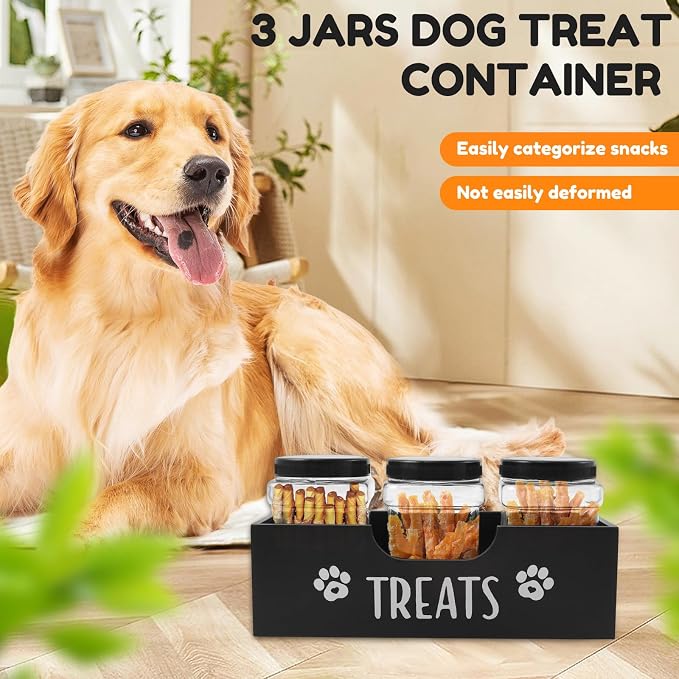 Dog Treat Container, Wood Dog Treat Holder with 3 Plastic Jar and Lid, Multifunctional Pet Food Organizer for Home Living Room Kitchen
