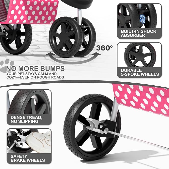 MoNiBloom Pet Stroller for Small/Medium Dogs and Cats, Hot Pink Polka Dots | Foldable Dog Stroller 3 Wheels Pet Strolling Cart w/ Storage Basket Cup Holder, Breathable and Visible Mesh for All-Season