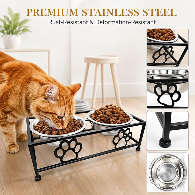 Raised Dog Bowls for Small Dogs, Elevated Bowl Stand Stainless Steel Dishes | Small Dog Bowl Stand with Two Thickened 5.3 Inch Stainless Steel Food Bowls, Raised Dog Dishes for Small & Medium Dogs, Black