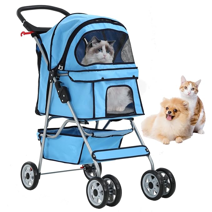 4 Wheels Cat Stroller, Pet Cat Jogger Stroller, Folding Carrier Waterpro with Cup Holder & Removable Liner, Dog Strollers for Small Dogs, for Small and Medium Pet Supplies (Blue)