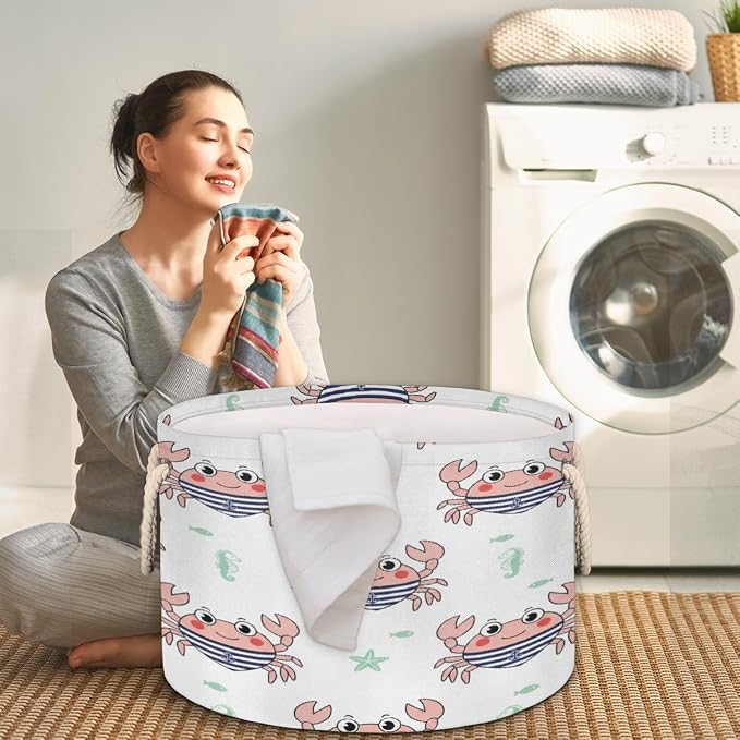 Large Storage Baskets - Nautical Crab Nursery Organizer Bin Box with Handles Collapsible Round Laundry Hamper for Kids Toys Pet Blanket, Bedroom Living Room Home Decor Gift Basket