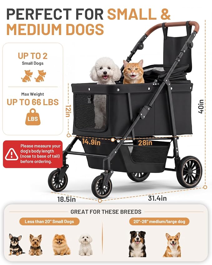 Dog Stroller for Medium Dogs Up to 66 lbs, Fits Select Large Dogs, Pet Stroller for 2 Small Dogs with Adjustable Handle & Canopy, Sun Shades, Storage Organizer, Foldable & Ventilated,Black