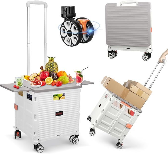 FELICON SELORSS Folding Utility Cart Portable Rolling Crate Handcart-White | Magnetic Sliding Lid,Telescoping Handle,Plastic Box Dolly,360°Swivel Wheels for Travel Shop Move Laundry Office Teacher Use
