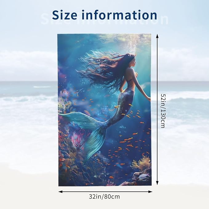 Mermaid Beach Towel 31inx51in, Underwater Sand-Free Microfiber Bath Towel Ultra Soft Quick Dry Pool Towel Absorbent Towel Lightweight Towel for Swimming Bathroom Decor