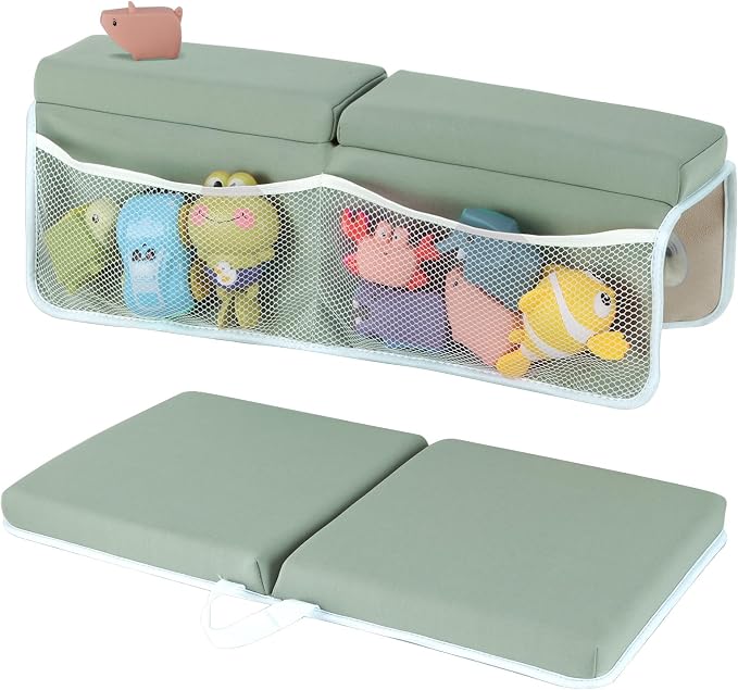 Baby Bath Kneeler and Elbow Rest Pad Set, Gray Green | 1.5" Thick Soft Memory Foam, Bath Toys Organizer, Non-Slip, Quick-Dry, Foldable, Gift for Parents