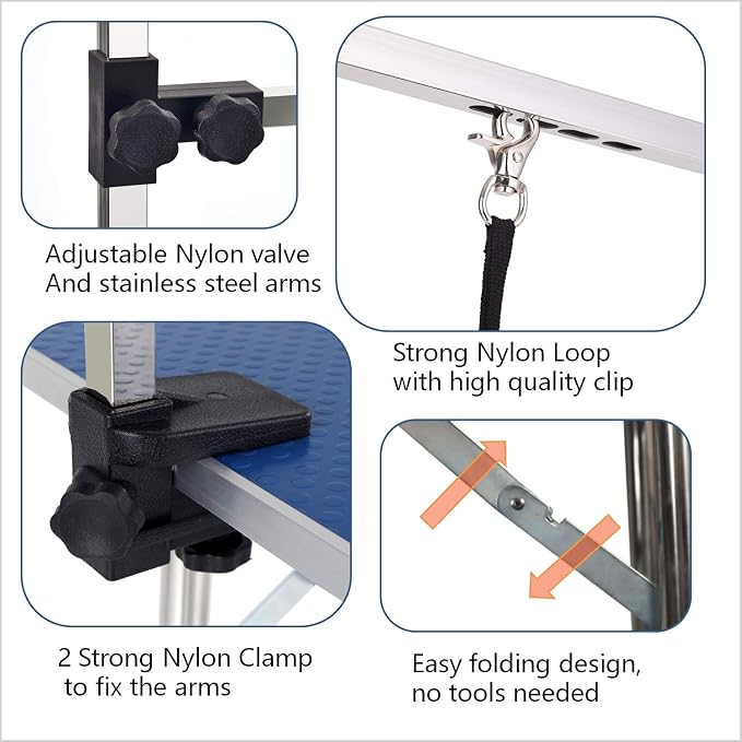 Pet Dog Grooming Table, Adjustable Large Heavy Duty Professional Foldable Trimming Stage with Arms, Noose, Mesh Tray, Maximum Capacity Up to 330LBS, 36''/Blue