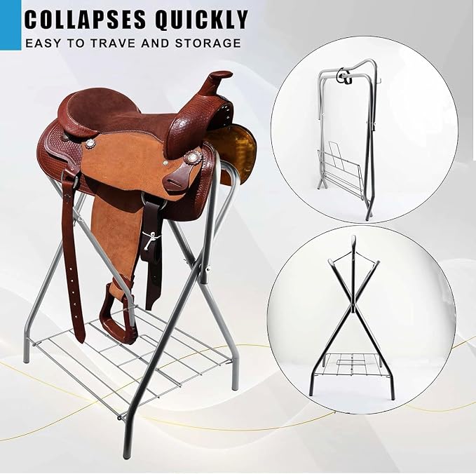 Saddle Rack Portable Folding Horse Saddle Stand for English and Western Saddles,28" L x 19" W x 37.5" H,Silver