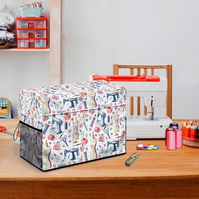 Sewing Themed Sewing Machine Cover with Storage Pockets,Dust & Pet Hair Protection,Fits Standard Singer, Brother and Janome Machines, Protecting & Decorating Your Sewing Space (White)